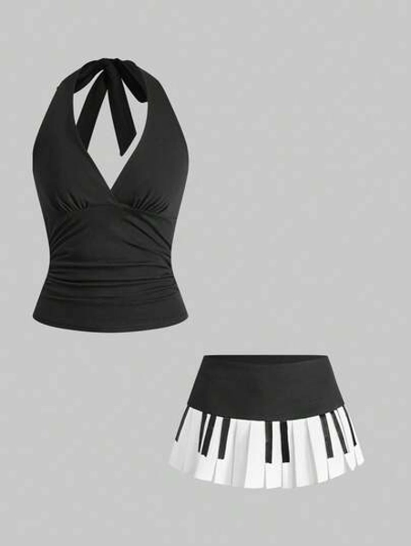 ROMWE Grunge Punk 2pcs Y2K Micro Mini Skirt & Halter Neck Crop Top Set, Ultra Low Waist Vintage Pleated Piano Keyboard Design - Size S