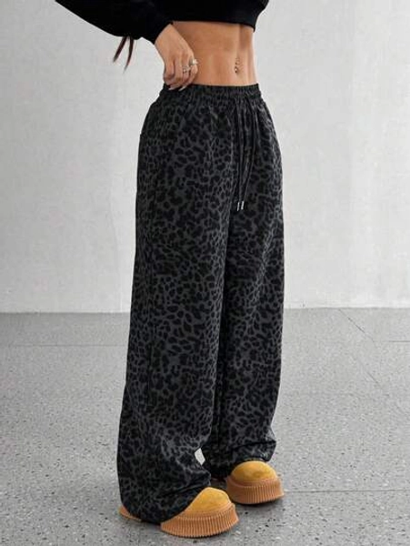 StreetHx Vintage Leopard Print Wide Leg Pants, Loose And Slimming Design, Street Style