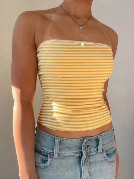 INAWLY Ruffles Decor Women's Cropped Casual Striped Tube Top