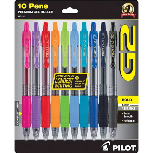 Pilot G2 Premium Retractable Gel Ink Pens Bold Point Assorted Ink 10 Count