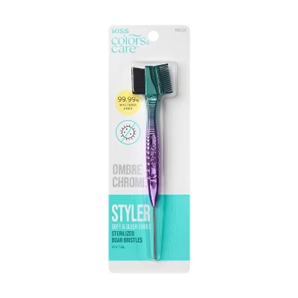 Kiss Colors & Care Ombre Chrome 3-in-1 Styler - Boar Bristle Edge Brush & Comb & Pin Tail – 1ct