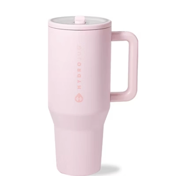 HydroJug Traveler - Water Bottle with Handle & Flip Straw - Leak Resistant Tumbler, Insulated, Stainless Steel & Rubber Base - 32 oz, Pink Sand