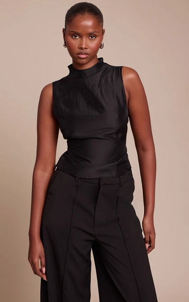Black Organza Ruched Longline Top | Tops | PLT USA