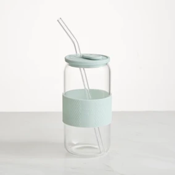 Straight Edge Glass Tumbler With Silicone Sleeve & Straw