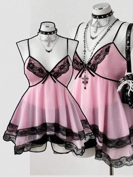 Sunspun New Elegant, Going Out Tops With Bow, Lace Trim & Bowknot Camisole, Ruffled Hem Cropped Tank Top For Women