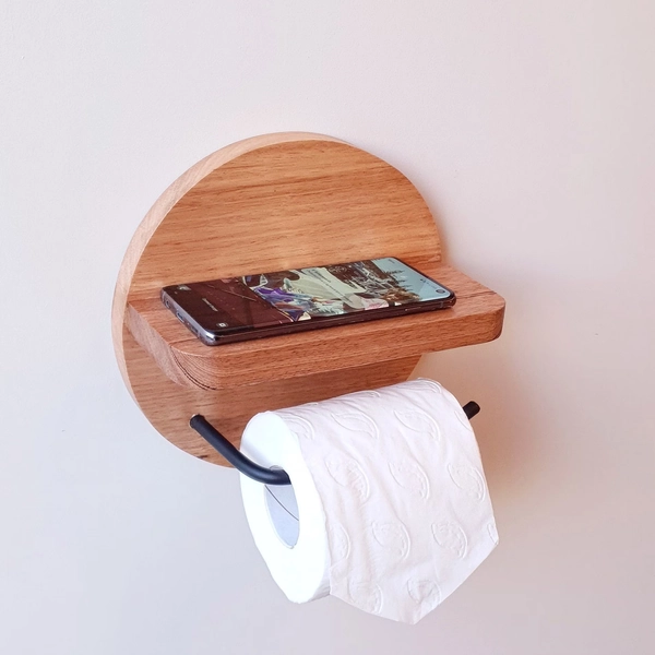 Handcrafted Wooden Toilet Roll Holder with Shelf: Scandinavian Bathroom Decor