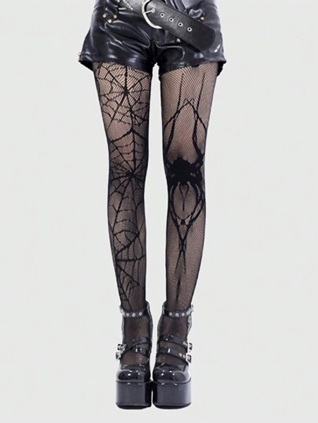 ROMWE Goth 1 Pair Spider & Web Fishnet Pantyhose, Halloween - Size one-size