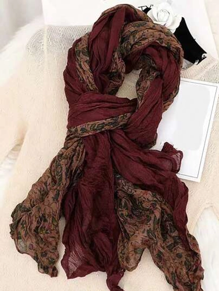 1pc Soft Floral Print Scarf With Creases For Both Warmth And Fashion, Daily Life Essential Boho Winter Fall