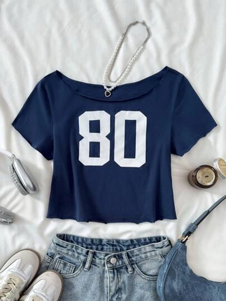 SHEIN Tween Girl Casual Street Style Vintage College Number Print Asymmetrical Neck Loose Cropped Soft Plain T-Shirt, Navy Blue Back To School Top