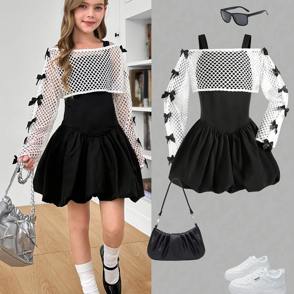 2pcs Set, White Long Sleeve Top with Crochet Bow Tie and Black Dress, Street Style Dress Set Suitable for Young Girls Autumn and Winter Wear, Back-to-School Season, for Outdoor