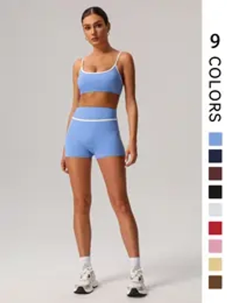 Women's Contrast Binding Crop Sports Bra & High Waist Shorts Sportswear Set, Breathable Comfortable Outfits for Yoga Gym Workout Running, Ladies Sportswear for All Seasons, Workout Running Clothes
