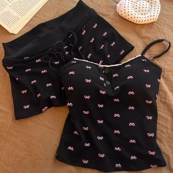 Women's Bow Pajamas Set Summer Tank Top And Shorts Sleepwear 2 Piece Set Female Casual Breathe Slim Loungewear Bra Set - AliExpress 200574005