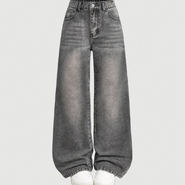 Girls' Vintage Wide-Leg Faux Denim Pants - Solid Color Casual Long Trousers with Button Closure, Non-Stretch Fabric, All-Season Comfort for School, Playdates, for Outdoor, for Teenager, Perfect for Outdoor, Everyday Wear, Retro Style