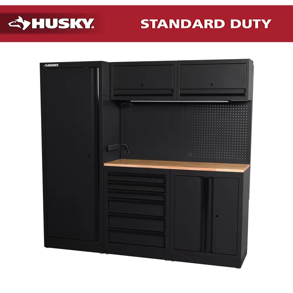 Husky 80.2 in. W x 75 in. H x 19.2 in. D Steel 8-Piece Garage Storage System in Matte Black with Solid Wood Worktop