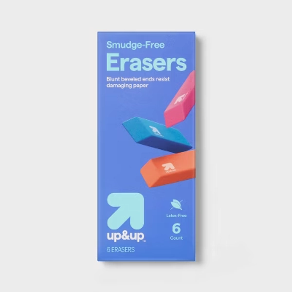 6ct Smudge Free Erasers - up&up™: Vulcanized Rubber, Multicolor, Block Erasers for Pencils, Stationery, Office Supplies