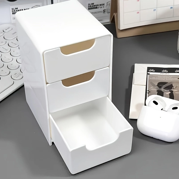 1pc Three-Compartment Drawer Storage Box, Suitable for Portable Storage Box for Office Supplies, Jewelry And Cosmetics, Multi-Functional Partition Design, Stackable Lightweight Home Or Office Storage