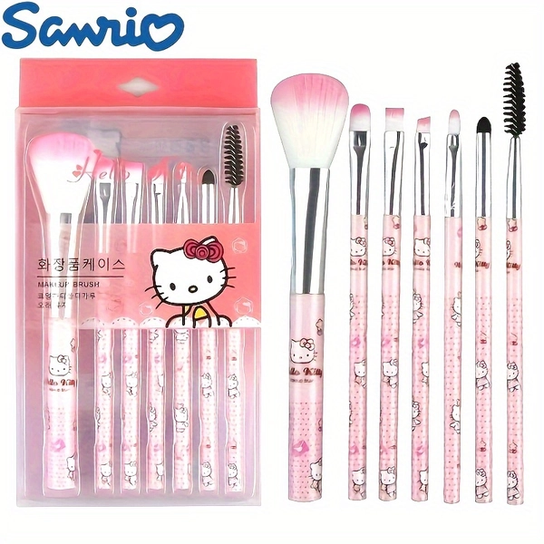 Hello Kitty • 7pcs makeup brush set • Cute pink • Hypoallergenic synthetic bristles • Perfect gift • With storage case