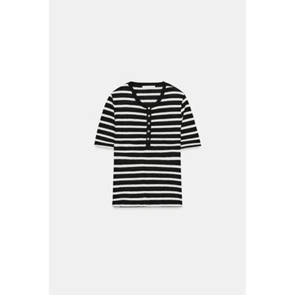 Zara - Linen Blend Button-Up T-Shirt - Ecru / Black - S - Woman