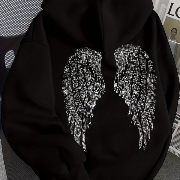 [Wings Design Casual Wear] Angel Wing Print Hoodie - Women's Casual Hooded Sweatshirt, Long Sleeve, Regular Fit, Fall/Winter Fashion, Comfortable Fit