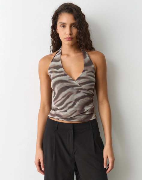 Print Mesh V Neck Halter Top