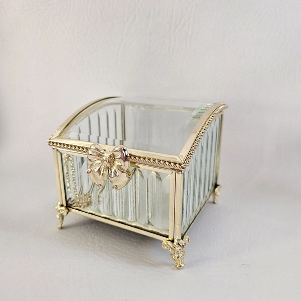 Gold Bow Keepsake Glass Jewelry Box New