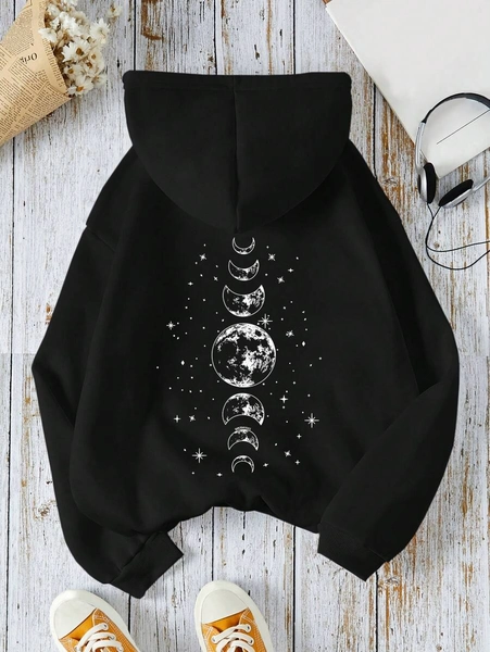 INAWLY Sudadera con capucha de manga larga informal con estampado de estrellas y lunas, ideal para graduación, maestros y vuelta al colegio en otoño