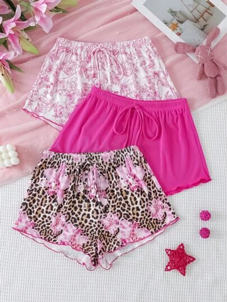 3pcs Women's Floral Print + Leopard Print + Solid Color Drawstring Waist Sleep Shorts Set