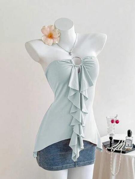 Elamini Summer Casual Solid Color Ruffle Bandeau Top - Size M