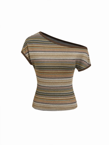 Gebreide stof Striped Asymmetrical Neck Short Sleeve Top For Dagelijkse casual