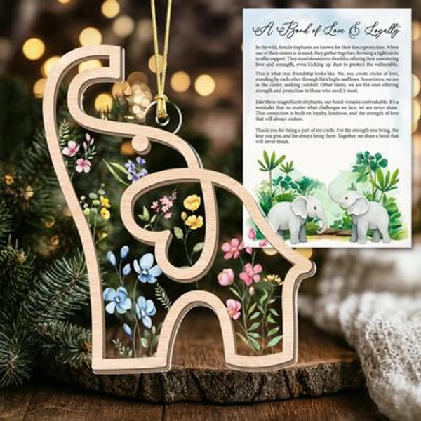 Personalized Elephant Ornament, Wildflower Friendship Ornament, Thank You Gift For Friend, Wooden Sisterhood Ornament