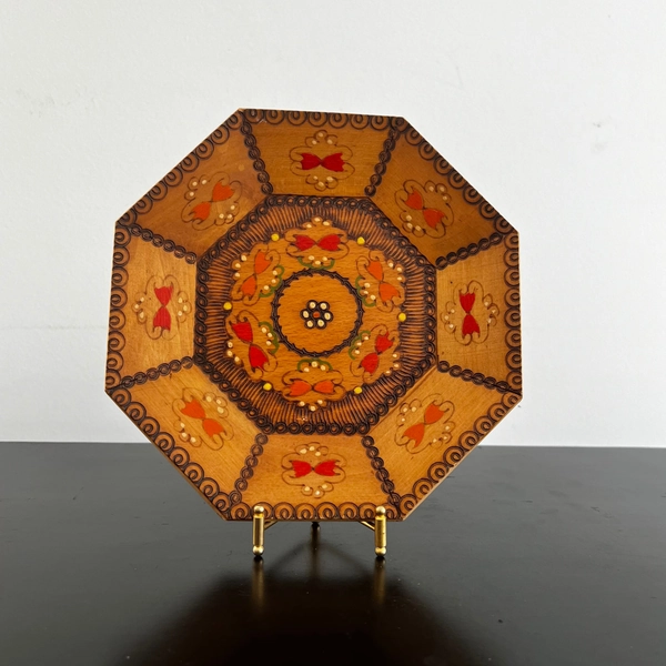 Vintage Polish Folk Art Plate: Pyrography Boho Decor