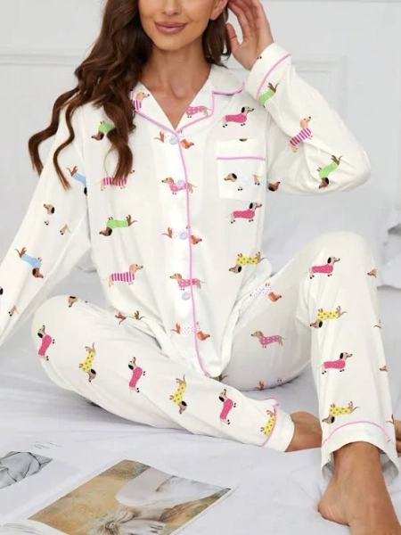 Beige Dachshund Print Pajama Set Women's Pyjamas PJs Sleepwear Long Sleeve Collar Top Elastic Waist Pants Knitted Fabric Regular Fit Cute R