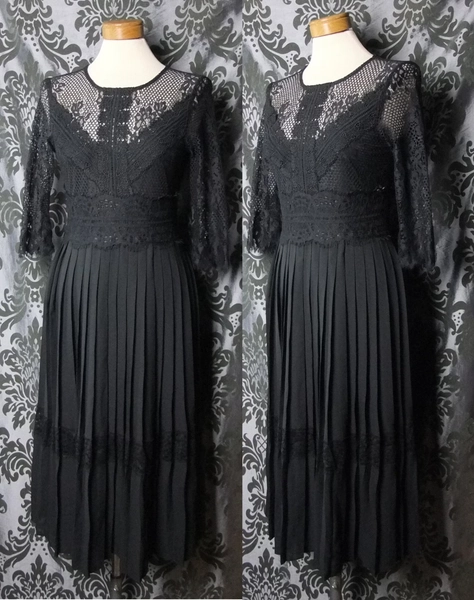 Gothic Long Black Lace Detail DELIRIUM Pleated Dress 6 8 Glamour Pin Up