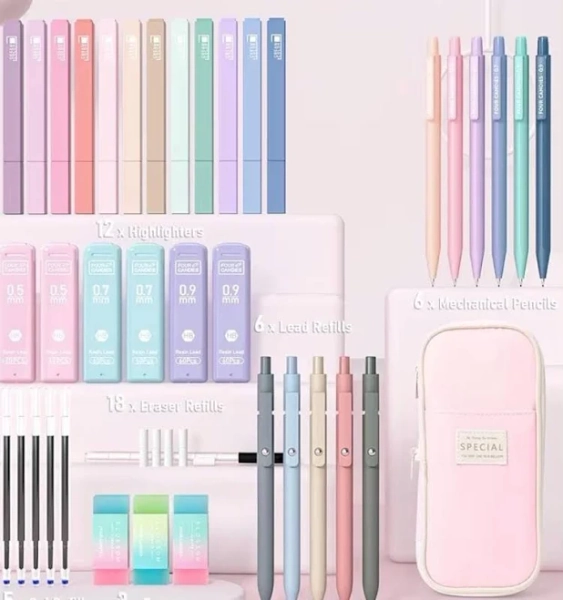 Four Candies Aesthetic School Supplies Cute Pen Case 12 Pastel Highlighters 5 Black Ink Gel Pens 6 Mechanical