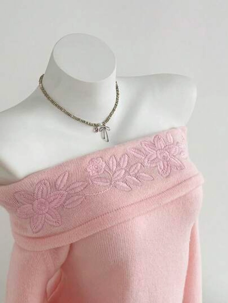 Elamini 1pc Women's Sweater, Pink, Off Shoulder, Embroidered Floral Design, Elegant & Sophisticated, Autumn/Winter