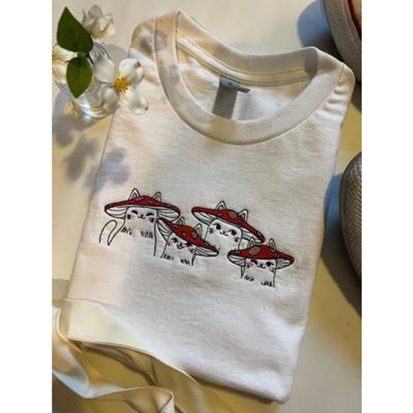 Mushroom Cats Embroidered Tee: Cottagecore Feline Shirt