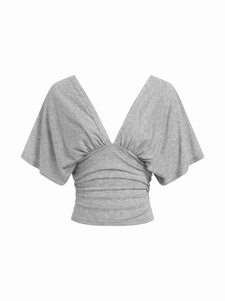  V-neck Batwing Sleeve Ruched Slim Tee