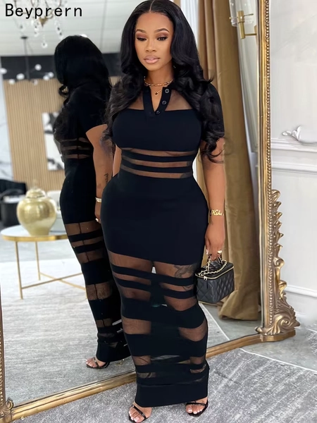 Beyprern Women's See-Through Striped Sheer Polo Maxi Dress Sexy Turn-Down Collars Caged Party Dresses Night Out Vestido Clubwear - AliExpress 200000345