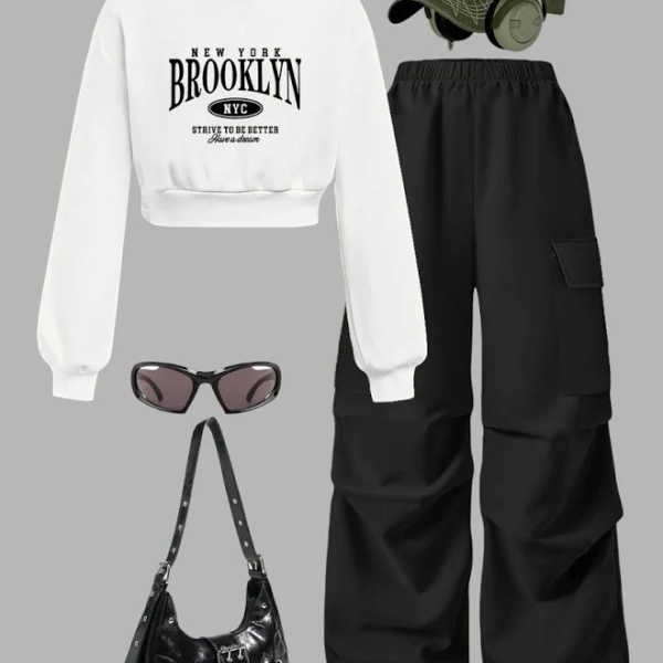 Trendy Urban Style Hoodie and Wide-Leg Pants Set