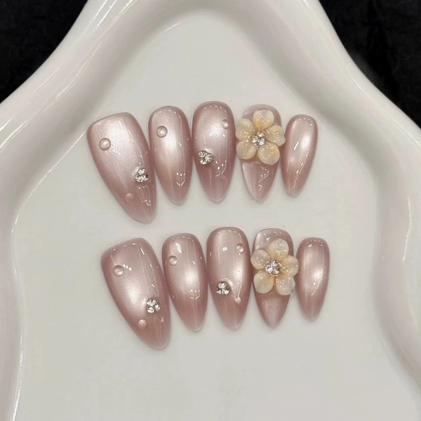 10 PCS Luxury Handmade Press on Nails Middle Almond Ice flower Design with 3-PIECE Tool Adhesive Nail Glue Tabs - AliExpress 66