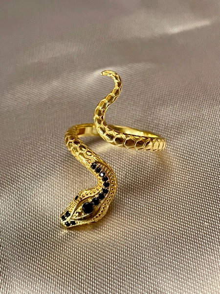 Gold Plated Snake Ring: Black CZ Sterling Silver Adjustable Serpent