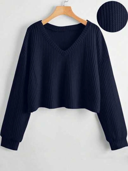 Lunelith SHEIN Lunessa Women's Dropped Shoulder V-Neck Long Sleeve T-Shirt, Fuzzy Fleece Fabric Fall Cloth For Women