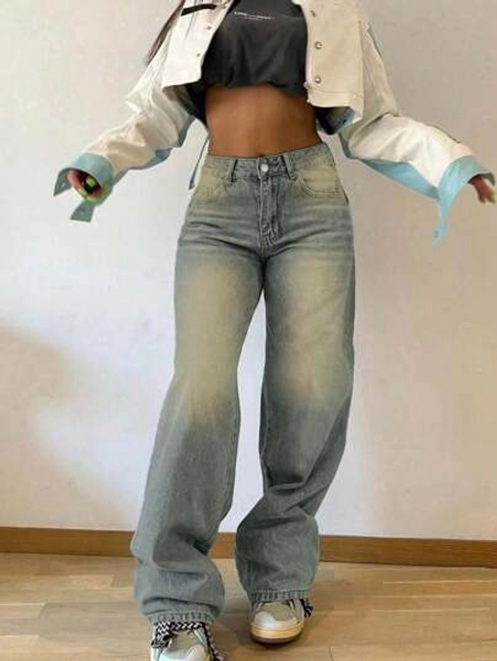 Women Loose Straight-Leg Retro Stackable Jeans