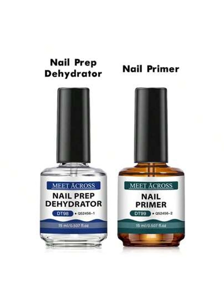 MEET ACROSS 2Pcs 15Ml Gel Nail Polish Nail Dehydrator And Primer Acid Free Natural Nail Prep Dehydrate & Bond Primer Nail Bond Air Dry Superior Bonding Primer For Acrylic Powder No Need UV LED Lamp Nail Supplies Set Manicure Kit Gift For Women