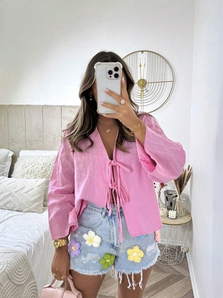 Selamara Camisa veraniega casual de unicolor con atar al frente para mujeres