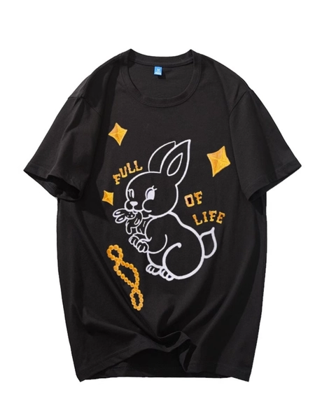 Black Rabbit Print T-Shirt | Hanni - NewJeans - Fashion Chingu