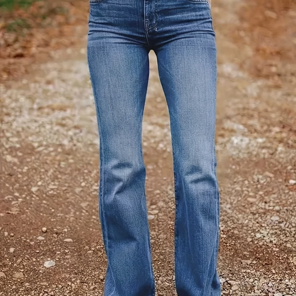 Women's Vintage Bootcut Jeans - High-Stretch Blue Washed Denim Slim-Fit Bell-Bottom Pants with Wide-Leg Tapered Hem & Back Pocket Embellishment for Cowboy Boots, Casual Western Style (All-Season Wear)