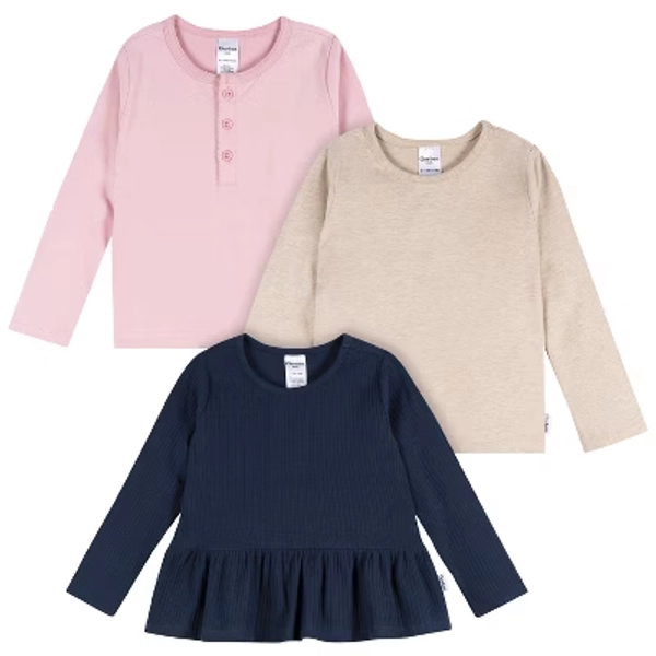 Gerber Toddler Girls' 3-Pack Long Sleeve Shirts, Navy/Oatmeal/Violet, 4T