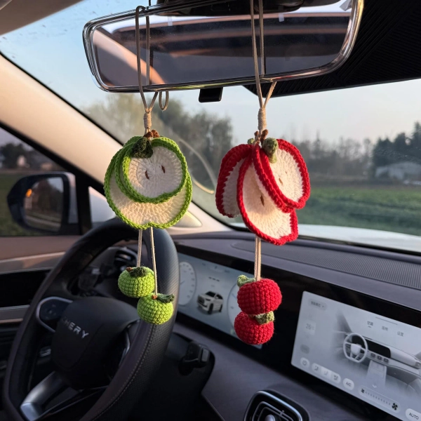 Crochet Apple Slice Charm, Boho Car Accessory, Handmade Car Hanging Ornament, Cute Bag Charm, Home Decor, Car Lovers Gift