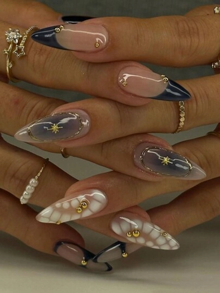 Minimalism Simple High-End Style 24 Pieces Of Medium-Length Almond-Shaped Crocodile Stripes Navy Blue Gradient Glitter Gold Edge Gold Pearl Whitening All-Match Nail Art Nail Tips Ins Sky Blue Suitable For Women'S Daily Commuting Date Beach Wear Press On Nails Nail Supplies Nails